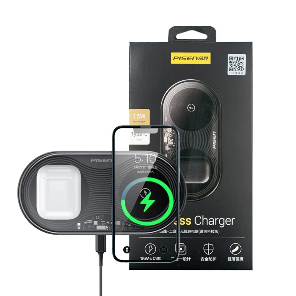 Pisen 2-in-1 Wireless Charging Station- XY-C18/Black, Supports Qi-2 Outputs (15W), Supports Universal Type-C, Multi-Protection System, 2 Years Warranty 6902957162876