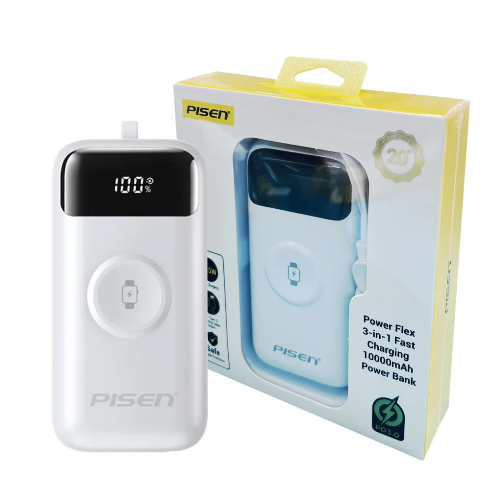 Pisen Flex 22.5W CCC-Certified 10K (10000mAh) Power Bank + Integrated Cable (Lightning + USB-C) + Watch Wireles Charging - White, 2 Years Warranty 6902957332361