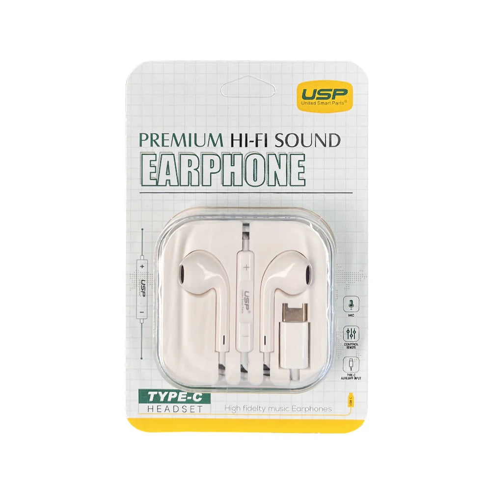 USP Earphones Type-C with Controller Compatible With All Samsung and iPhone 17/16/15 Series (Support Phone Calls), 5 Years Warranty 6976552041010