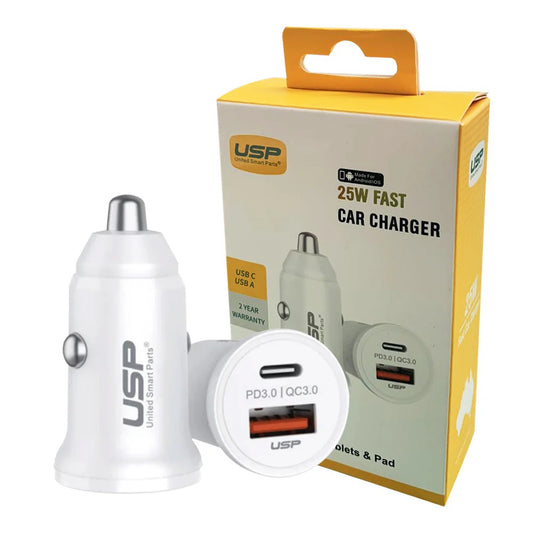 USP 25W Dual Port (USB-C 25W PD + USB-A 18W QC3.0) Fast Car Charger White - Dual USB Quick Charge, Inteligent Charging, 2 Years Warranty 6976552041638