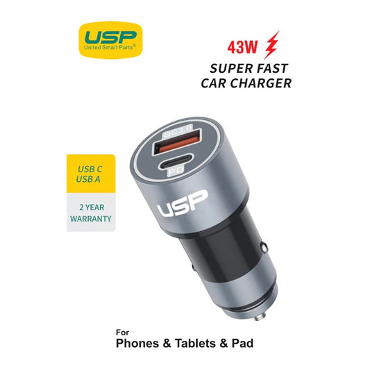 USP 43W Dual Port (USB-C 25W PD + USB-A 18W QC3.0) Fast Car Charger Silver - Dual USB Quick Charge, Inteligent Charging, Short-Circuit Protection, Safe 6976552041645