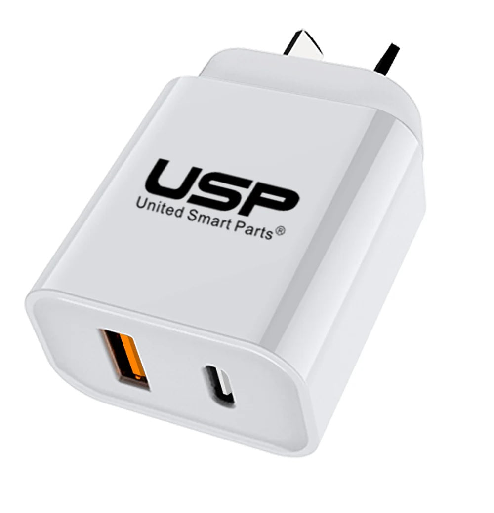 USP 20W Dual Port (20W USB-C PD + 18W USB-A QC3.0) Fast Wall Charger White - Safe Charge, Charge 2 Devices Simultaneously, Short-Circuit Protection 6976552041751