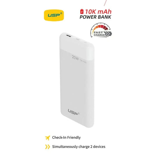 USP 10K mAh Power Bank White - 20W Fast Charge, 2 USB-Outputs, 1x USB-C, 1x USB-A, Indicator Light, Safer Charging, Large Compatibility, 2 Year Warranty 6976552043762