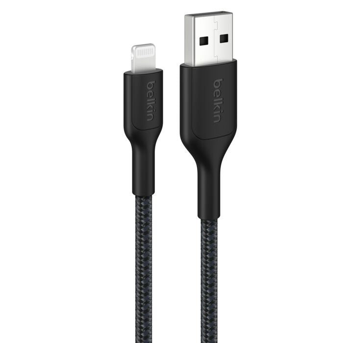 Belkin BoostCharge Pro Braided Lightning to USB-A Cable (2M) - Black (CAA020FQ2MBK), 2.4A/15W, 480Mbps, 350K Bends, MFI-Certified, 2 Years Warranty CAA020FQ2MBK