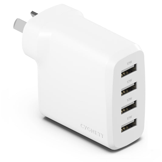 Cygnett PowerPlus 24W Multi Port USB-A Wall Charger - White(CY4768PDWCH) 4xUSB-A (12W), Compact, Lightweight, 24W Max, 2 Years Warranty CY4768PDWCH