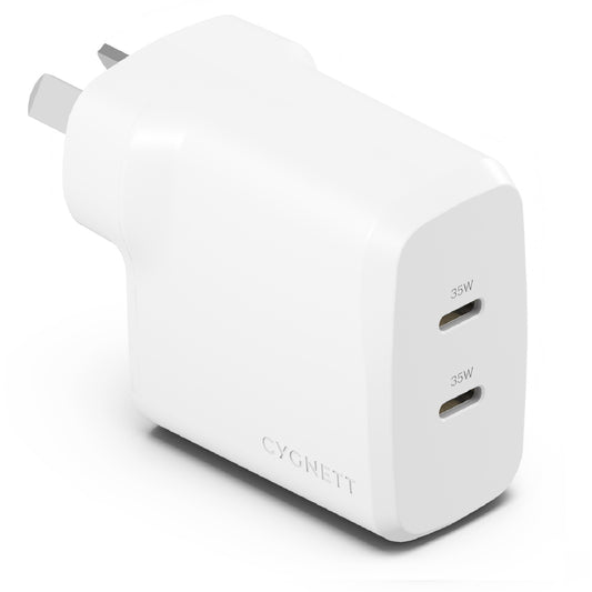 Cygnett PowerPlus 35W Dual Port USB-C PD Fast Wall Charger -White(CY4774PDWCH), 2xUSB-C(35W), Best for iPhone, Samsung's PPS & USB-C Devices, 2 Years Wa CY4774PDWCH