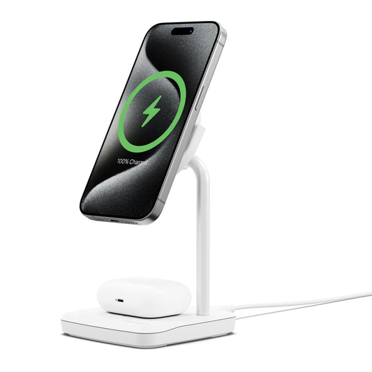 Cygnett ChargeBase Qi2 2-in-1 Magnetic 15W Wireless Charger - White (CY5068BUNCP), 1.2M USB-C Cable, 25W Wall Charger, 80 Swivel Head, 2 Years Warranty CY5068BUNCP