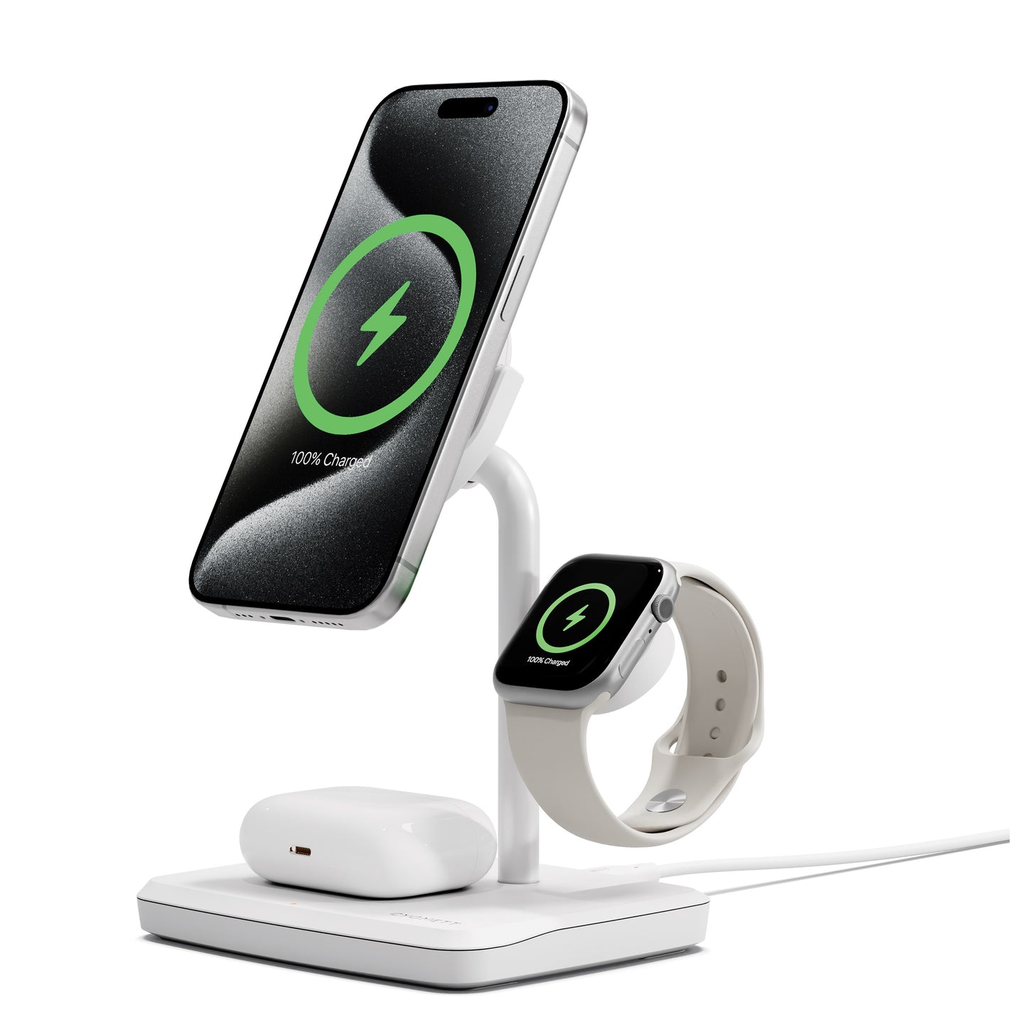 Cygnett ChargeBase Qi2 3-in-1 Magnetic 15W Wireless Charger-White(CY5070BUNCP), 1.2M USB-C Cable, 5W Watch Charger, 180 Swivel Head, 2 Years Warranty CY5070BUNCP