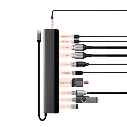 Cygnett UniteRiser 12-in-1 USB-C Multiport Hub Adapter-(CY5148HUB12)4x USB-A, 2xUSB-C (100W PD/3.0), 2xHDMI(60Hz/30Hz), 1x SD 1xMicroSD, 2Years Warranty CY5148HUB12