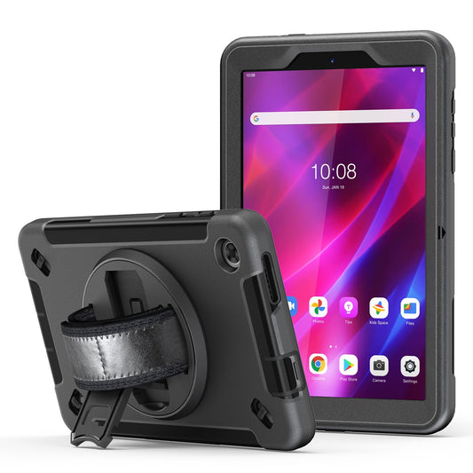 Generic Rugged Lenovo Tab M8 (4th Gen) (8') (TB-300) Case + Screen Protector Black - Built-in-Kickstand, Adjustable Hand Strap, Shoulder Strap HDTLM8