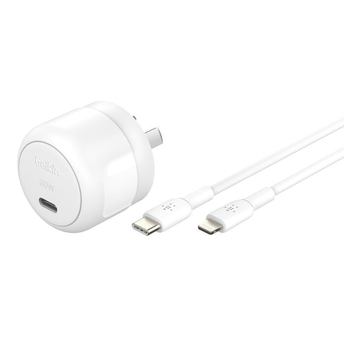 Belkin BoostCharge Compact 30W USB-C PD 3.1 Wall Charger + USB-C to Lightning Cable - White (WCA008au1MWH-B5), Apple, 2 Years Warranty WCA008au1MWH-B5