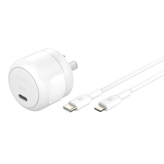 Belkin BoostCharge Compact 30W USB-C PD 3.1 Wall Charger + USB-C to Lightning Cable - White (WCA008au1MWH-B5), Apple, 2 Years Warranty WCA008au1MWH-B5