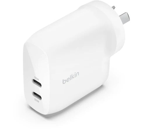 Belkin BoostCharge Pro 60W Dual USB-C PD 3.1 PPS Wall Charger - White (WCB010auWH), 2XUSB-C (30W), Safe & Efficient, CEW $2500, 2 Years Warranty WCB010auWH