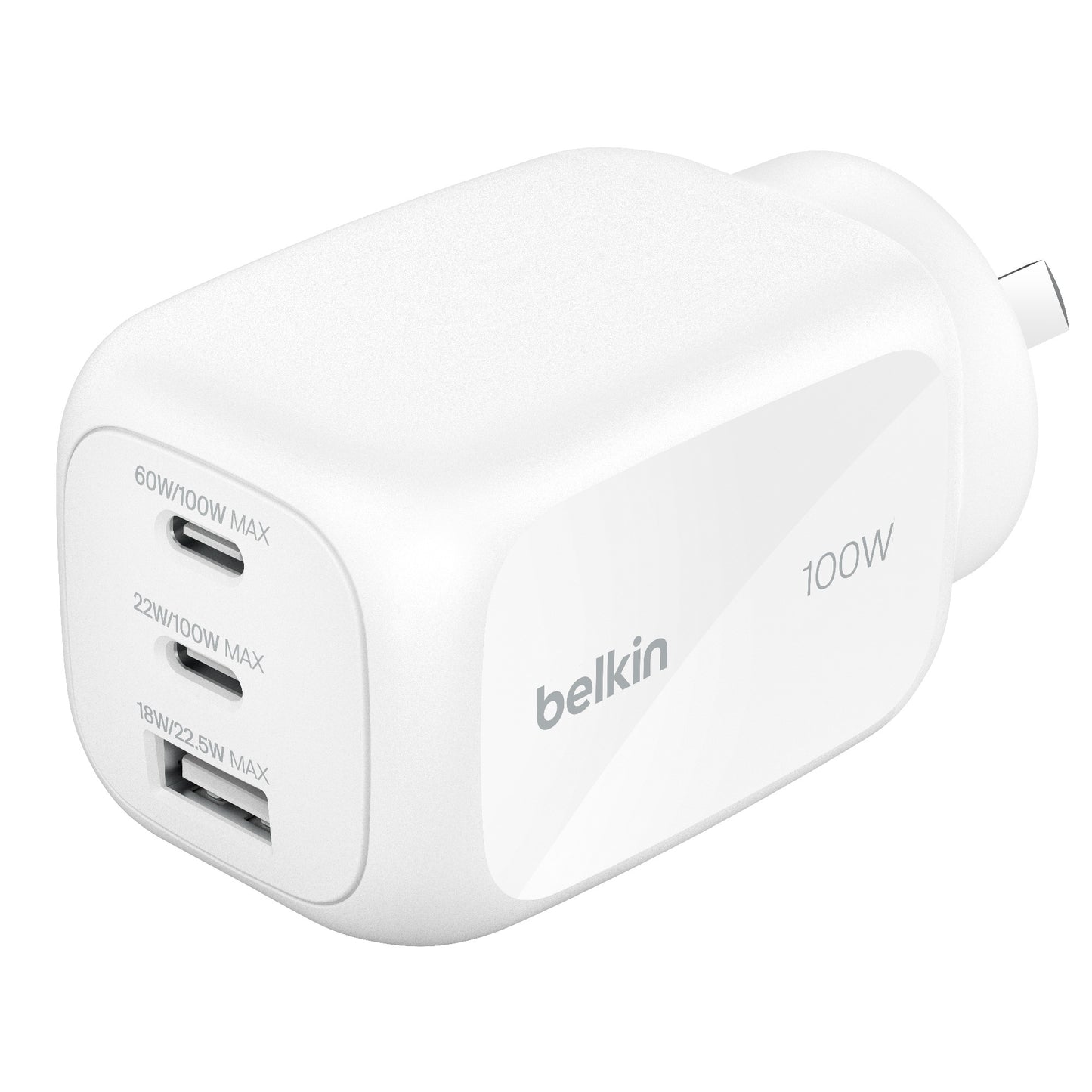 Belkin BoostCharge Pro 100W 3-Port GaN Wall Charger - White (WCH016AUWH), 2x USB-C, 1x USB-A, Compact Laptop Charger, CEW $2500, 2 Years Warranty WCH016AUWH