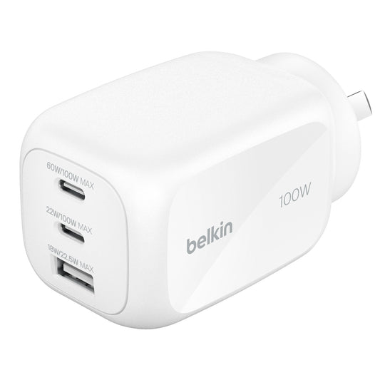 Belkin BoostCharge Pro 100W 3-Port GaN Wall Charger - White (WCH016AUWH), 2x USB-C, 1x USB-A, Compact Laptop Charger, CEW $2500, 2 Years Warranty WCH016AUWH