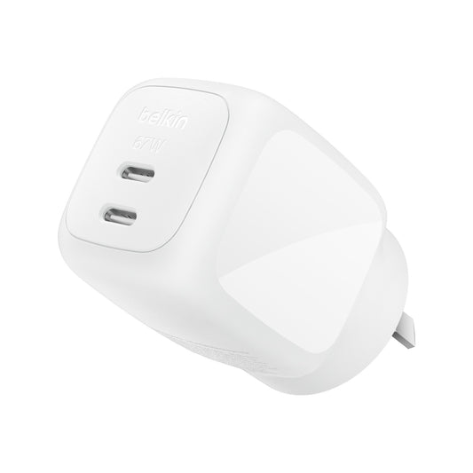 Belkin BoostCharge Pro 67W Dual USB-C GaN Wall Charger - White (WCH020AUWH), Compact Laptop Charger, Travel-Ready, CEW $2500, 2 Years Warranty WCH020AUWH