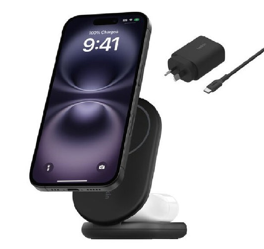 Belkin BoostCharge 2-in-1 Magnetic Foldable Qi2 Wireless Charger + 36W Wall Charger + USB-C Cable (1.5M) - Black (WIZ028auBK), 15W, 2 Years Warranty WIZ028auBK