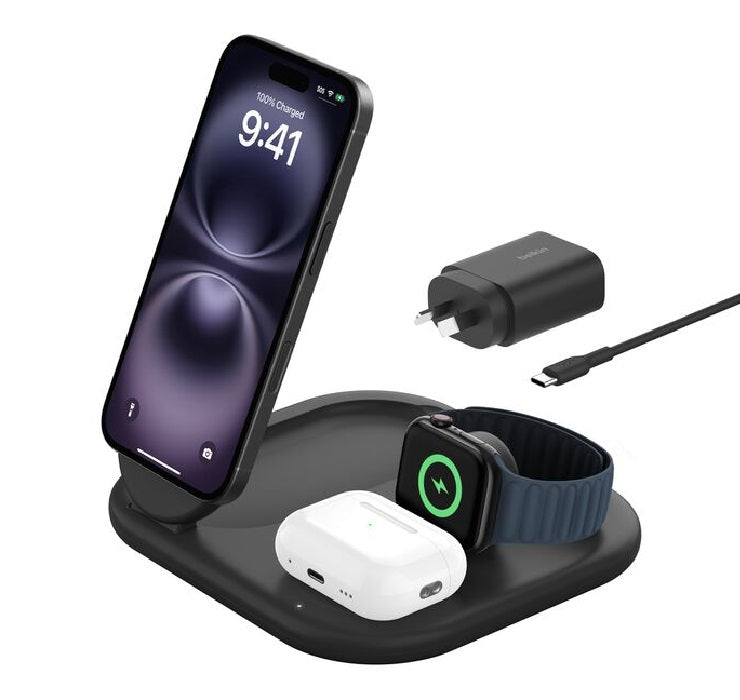 Belkin BoostCharge 3-in-1 Magnetic Foldable Qi2 Wireless Charger + 36W Wall Charger + USB-C Cable (1.5M) - Black (WIZ029auBK), 15W, 2 Years Warranty WIZ029auBK