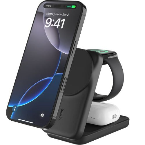 Belkin UltraCharge 3-in-1 Foldable Magnetic Charger w/ Qi2 (25W) +USB-C Wall Charger(45W)+USB-C Cable(15M)-Black(WIZ037auBK), $2500CEW, 2 Years Warranty WIZ037auBK
