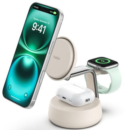 Belkin UltraCharge Pro 3-in-1 Wireless Qi2 Charging Dock + 45W USB-C PSU + USB-C Cable (1.5M) - White (WIZ040auSD), 25W, CEW $2500, 2 Years Warranty WIZ040auSD