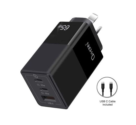 Oxhorn 65W GaN Type C fast Charger 3 Port 2xUSB-C 1xUSB-A PD3.0 QC4.0 PPS AUS Approved C-tick Black with cable NB-PD65CCAB