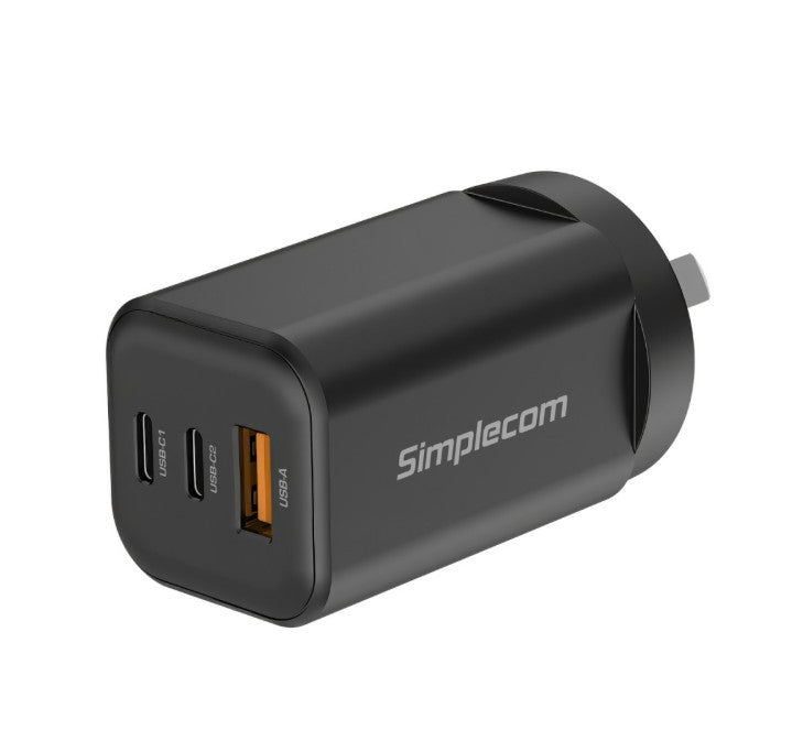 Simplecom CU365 3-Port PD 65W GaN Wall Charger Dual USB-C + USB-A for ...