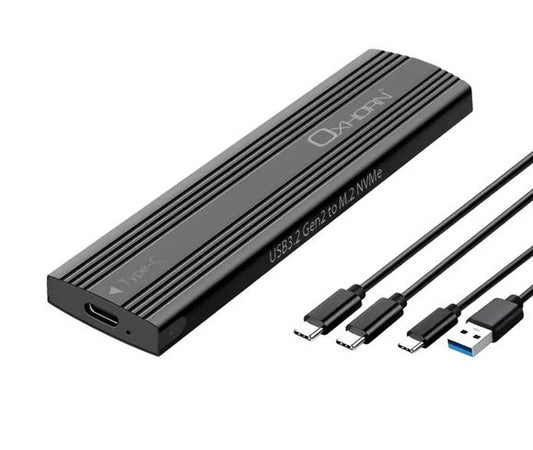 Oxhorn USB C 3.2 Gen 2 M.2 NVMe NGFF Enclosure 10 Gbps B+M Key M.2 NVMe SSD up to 4TB 2280/2260/2242/2230 Aluminum Macs Windows USB-A Black 2 YR WTY  UM-311B