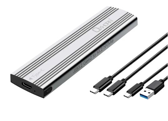Oxhorn USB C 3.2 Gen 2 M.2 NVMe NGFF Enclosure 10 Gbps B+M Key M.2 NVMe SSD up to 4TB 2280/2260/2242/2230 Aluminum Macs Windows USB-A Silver 2 YR WTY  UM-311S