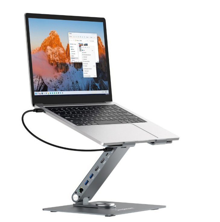 Simplecom CHT660 Adjustable Aluminium Laptop Stand with 6-Port USB-C Docking Station Dual 4K HDMI Display Compatible with laptops from 10 to 17 inches CHT660
