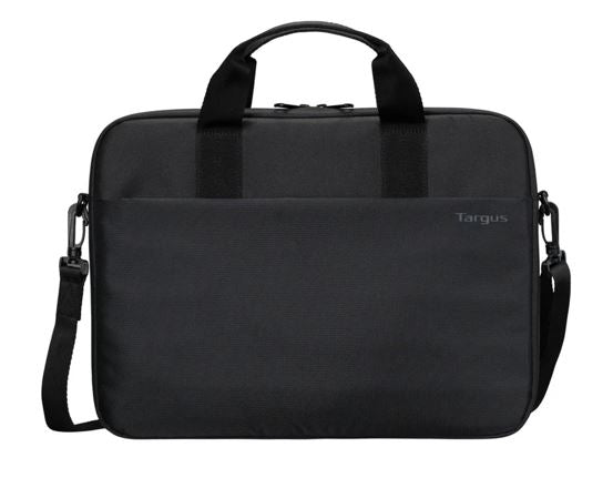 Targus 15'-16' Intellect Slim Briefcase Zippered padded front pocket Removable adjustable shoulder strap carry handles water-resistant fabric Black TBS979GL