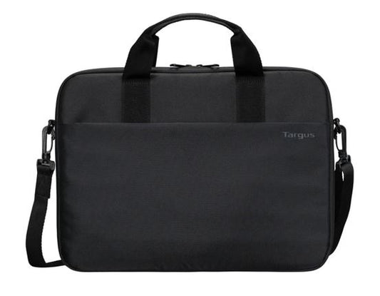 Targus 15'-16' Intellect Slim Briefcase Zippered padded front pocket Removable adjustable shoulder strap carry handles water-resistant fabric Black TBS979GL