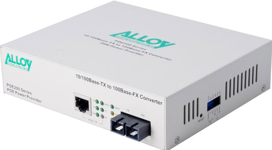 Alloy POE200SC PoE PSE Fast Ethernet Media Converter, has a 10/100Mbps PoE RJ-45 port and a SC terminated multimode fibre port POE200SC