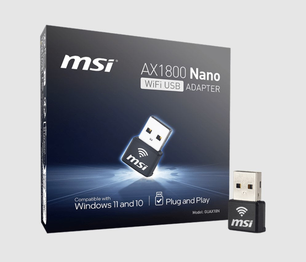 MSI GUAX18N AX1800 WiFi USB Adapter, 2.4GHz / 5GHz, 2x Dual Antennas, USB 2.0, Windows 10 / 11 GUAX18N