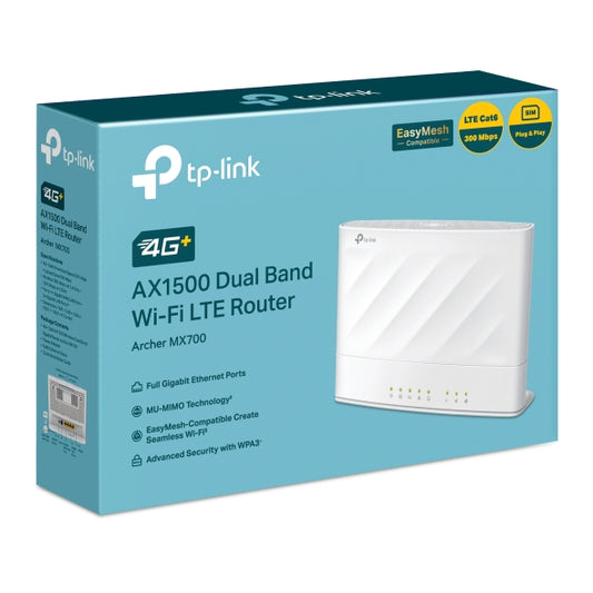 TP-Link Archer MX700 4G+ AX1500 Dual Band Wi-Fi LTE Router with Cat6 300 Mbps 4G+, AX1500 dual-band, nano SIM, 1xWAN/LAN + 3xLAN, and external antenna Archer MX700