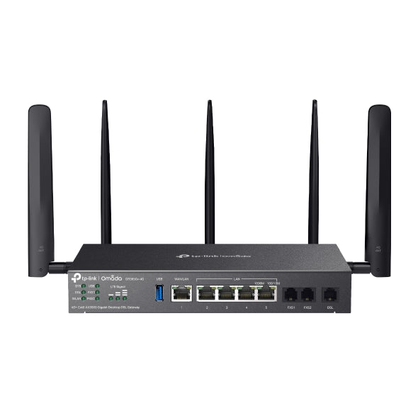 TP-Link DR3650v-4G Omada 4G+ Cat6 AX3000 Wi-Fi 6 Gigabit Desktop DSL Gateway, 574Mbps@2.4GHz + 2402Mbps@5GHz(HE160), VDSL2 350 350/60, VoIP Triple Wan DR3650v-4G