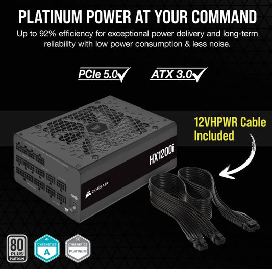 Corsair HX1200i ATX High Performance Platinum PSU, ICUE 2024. PCIe 5.0, ATX 3.0, 12VHPWR Cable included. CP-9020281-AU