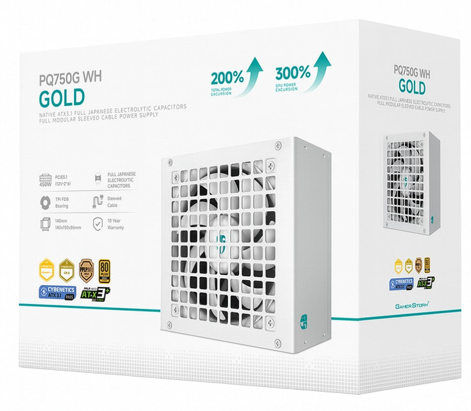 DeepCool PQ750G WH 750W Gamer Storm 80+ Gold/Cybenetics Fully Modular ATX Power Supply 120mm Fan, Japanese Capacitors, DC to DC, ATX12V V3.1 R-PQ750G-FD1W-JGAU-V1