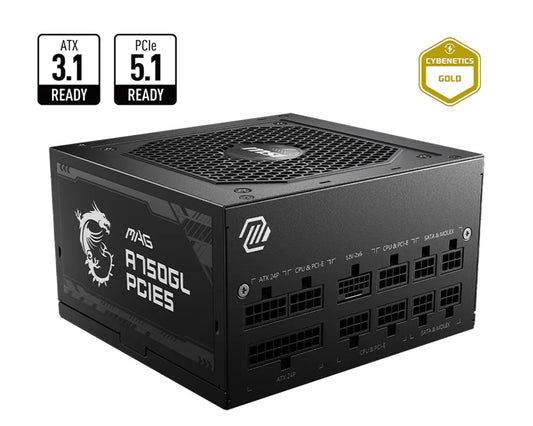 MSI MAG A750GL PCIE5 II Bulk - 750W ATX 3.1, 80+ Gold, full modular, PCIe 5.0 16-pin, 3x PCIe 6+2, 8x SATA, FDB fan, OCP/OVP/OPP/OTP/SCP/UVP, 120mm MAG A750GL PCIE5 II Bulk