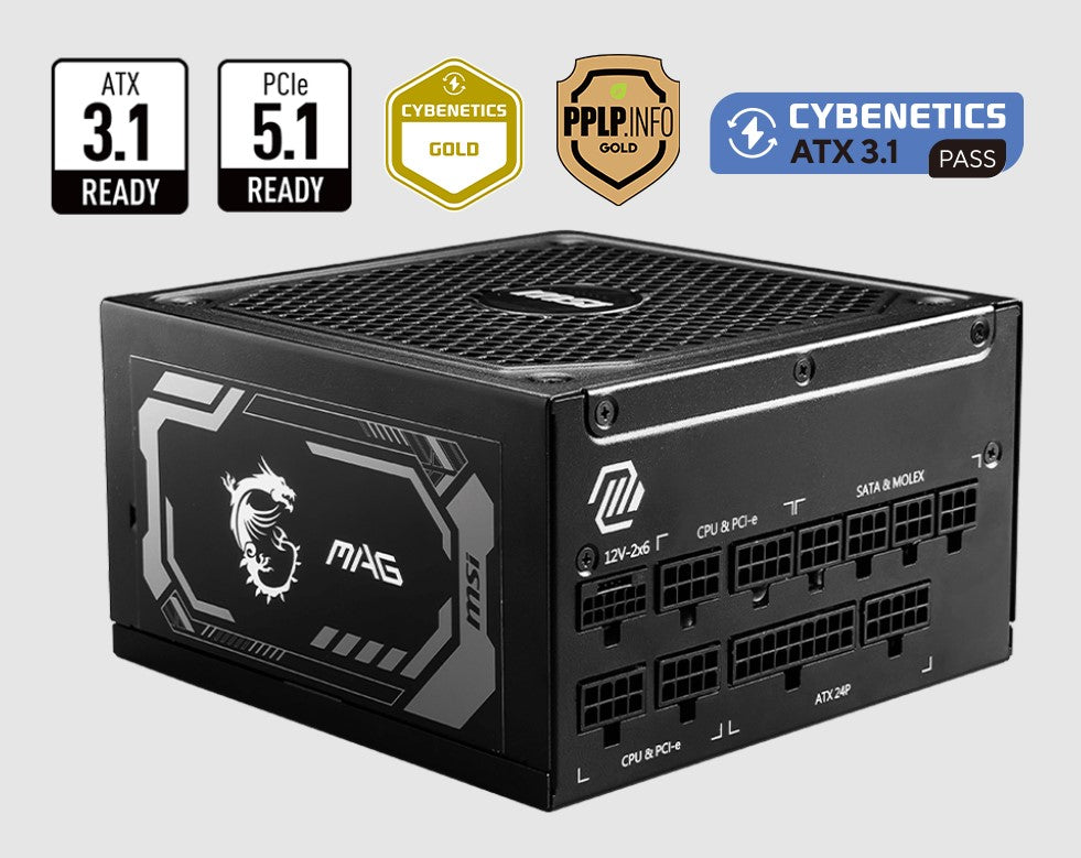 MSI MAG A1000GL PCIE5 ATX Power Supply Unit, 80 PLUS Gold, Fully modular flat cables, 0 RPM Mode, Active PFC design MAG A1000GL PCIE5