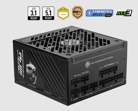 MSI MPG A1000GS PCIE5 1000W ATX Power Supply Unit, 80 PLUS Gold, Fully modular flat cables, 0 RPM Mode, Active PFC design MPG A1000GS PCIE5