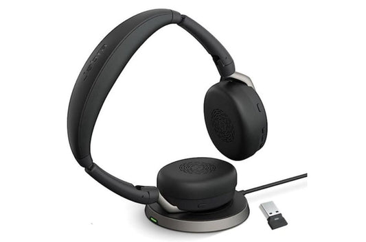 Jabra Evolve2 65 Flex MS Stereo Bluetooth Headset, Link380a USB-A Dongle & Wireless Charging Stand Included, Foldable Design, 2Yr Warranty 26699-999-989