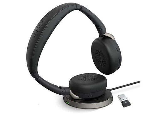 Jabra Evolve2 65 Flex MS Stereo Bluetooth Headset, Link380c USB-C Dongle & Wireless Charging Stand Included, Foldable Design, 2Yr Warranty 26699-999-889