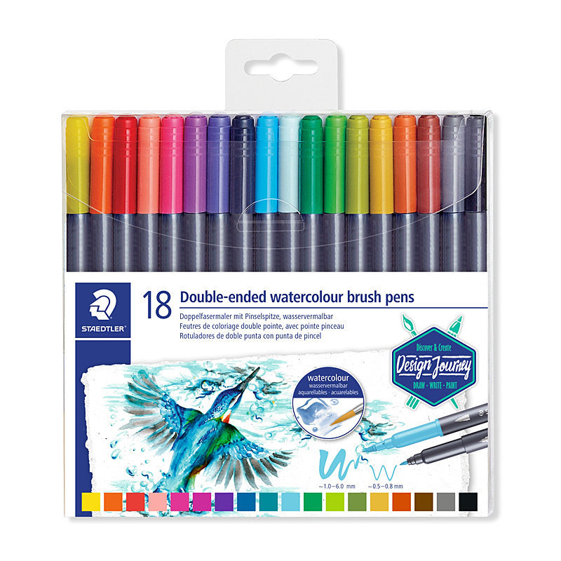 Staedtler MarsGraphic Double-Ended Watercolour Brush Pens - Box of 18 - Assorted Colours  - 3001 TB18