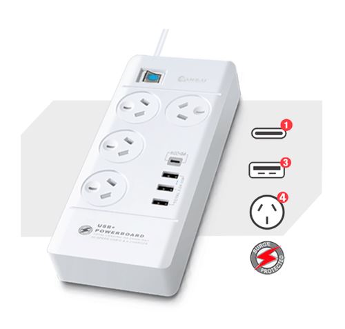 Sansai 4 Outlet 3xUSB-A & 1xUSB-C Powerboard Master On/Off switch Surge and overload protected Fast charging 1M 20W 220-240V 10A IV Retail box PAD-8044
