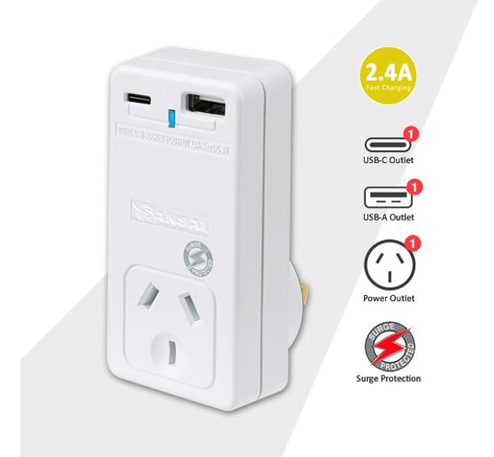 Sansai USB C + A 2xUSB charging Outlets Power Adaptor 240V 10A Surge protection Power status indicator Wall Charger PAD-301USB