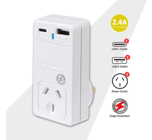 Sansai USB C + A 2xUSB charging Outlets Power Adaptor 240V 10A Surge protection Power status indicator Wall Charger PAD-301USB