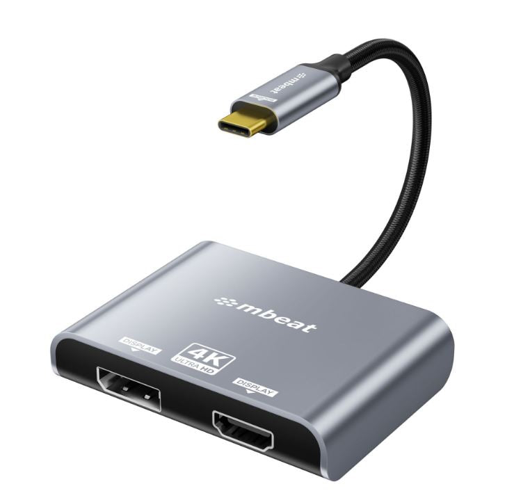 mbeat Tough Link USB-C to DP&HDMI Dual 4K/60Hz MST Adapter 4K (3840x2160) @ 60Hz, 4K (3840x2160) @ 30Hz, 2K (2560x1440) @ 60Hz - Space Grey MB-XAD-C2DPHD