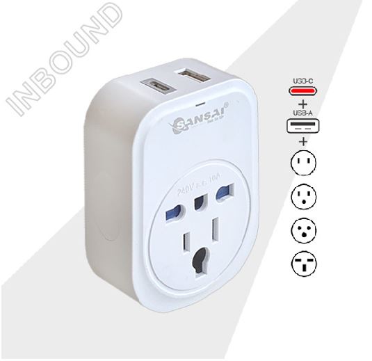 Sansai USB Travel Adaptor USB A + C 2xUSB Charging Outlets 100-240VAC 10A 2400W Compatible with plugs from many countries STV-907AC