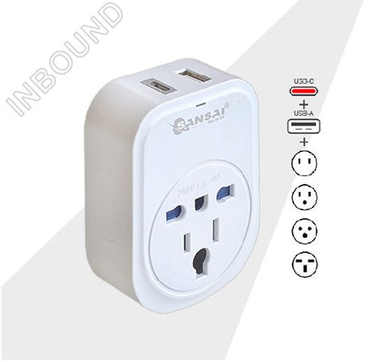 Sansai USB Travel Adaptor USB A + C 2xUSB Charging Outlets 100-240VAC 10A 2400W Compatible with plugs from many countries STV-907AC