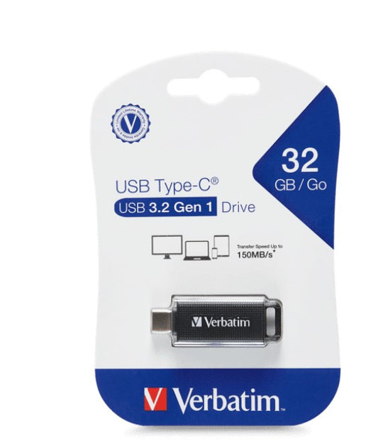 Verbatim Type-C USB 3.2 Gen 1 Flash Drive 32GB - Black Retail Pack 70903 Ultra Fast Transfer, Compact and Light weight design 70903